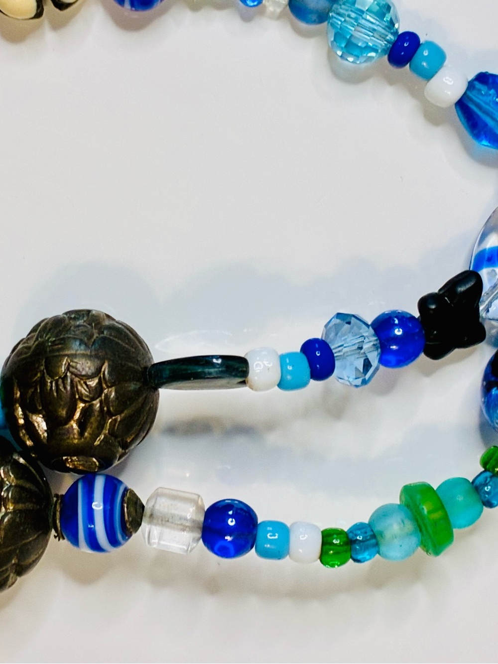 Handmade Blue & Green Beaded Necklace with Floral Accents - Picture 6 of 15